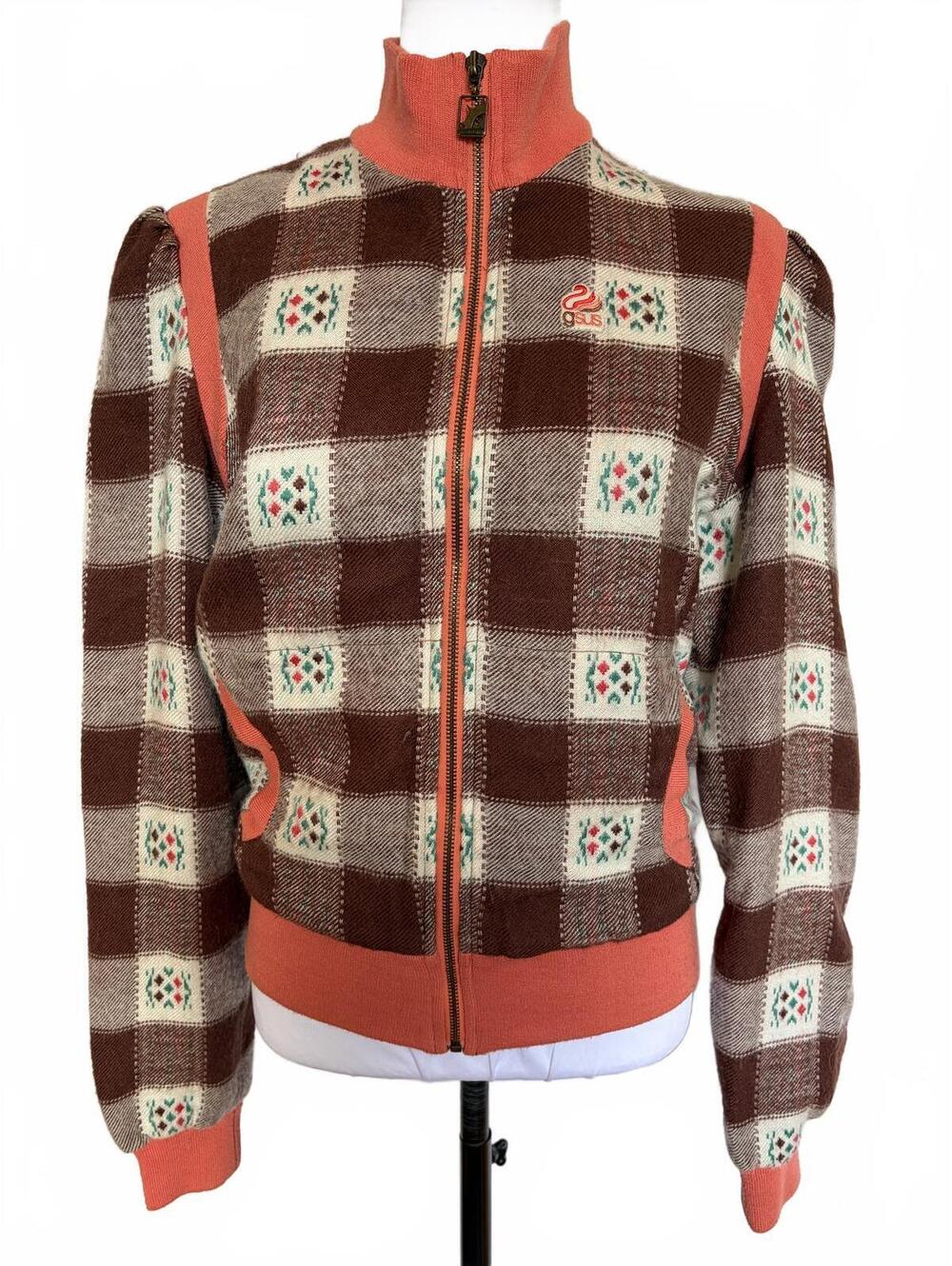 Vintage Brown Orange Plaid Embroidered Bomber Jacket Indie Streetwear Y2K Fits S